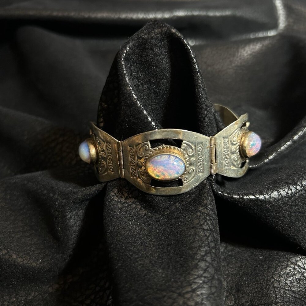 VTG Hecho En Mexico Sterling 925 Glass Opal Cabochon Panel Link Bracelet Sz 7”